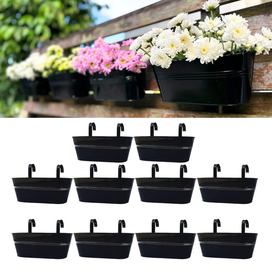 LaLaGreen Outdoor Plants Rail Planter (16 Inch, 10 Pack) Black Metal Iron Hanging Flower Pots Deck Railings Fence Balcony Modern Boho Style Wall Mount Window Boxes Plant Holder Hooks Porch Home Decor