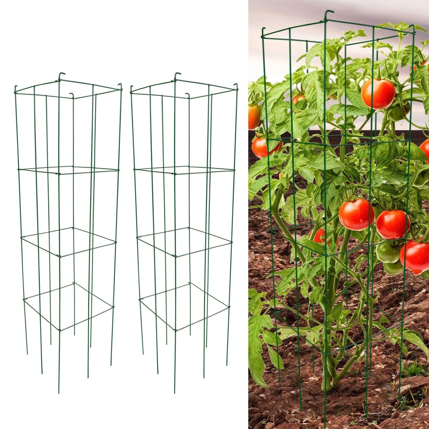 46" Height 12" Width 2PCS Green Square Folding Tomato Cage,Plant Support Stake Tower