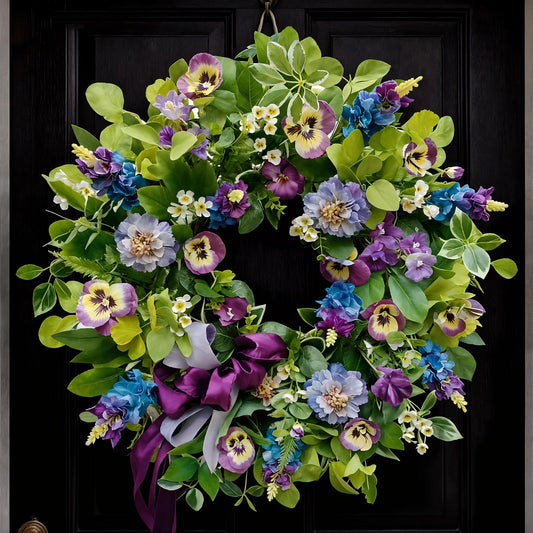 Spring Summer Wreaths for Front Door 24 Inch, Outdoor Summer Wreath with Pansy, Hydrangea & Floral Accents, Spring Wreath for Front Door Outside, Summer Wreaths Front Door for Home Decor