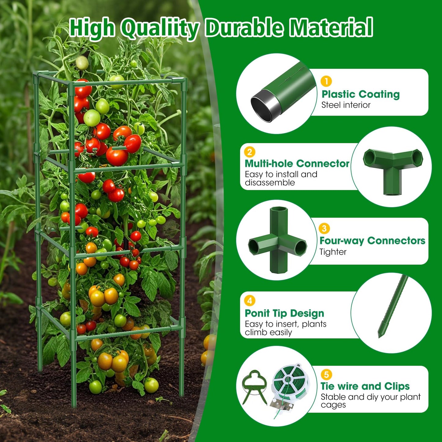 SHCCPPJ 3 Pack Tomato Cages, 42 Inch Heavy Duty Square Tomato Cage for Raised Garden Bed, Rust-Proof Sturdy Tall Tomato Trellis Supports for Climbing Plants Outdoor with Clips Wire
