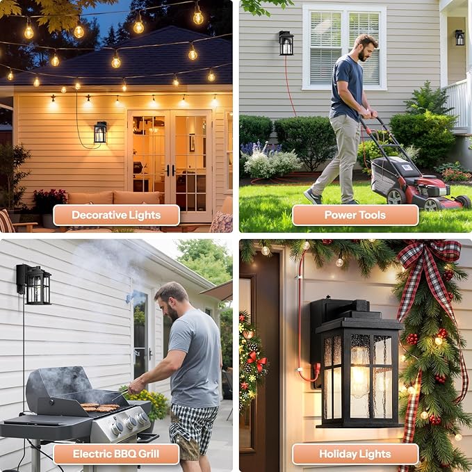 Gleamz Black Porch Lights Outdoor with GFCI Outlet, Modern Dusk to Dawn Outdoor Garage Lighting Fixtures Wall Mount, Anti-Rust Exterior Wall Sconce Lantern for House Coach, Outside Lights with Outlet