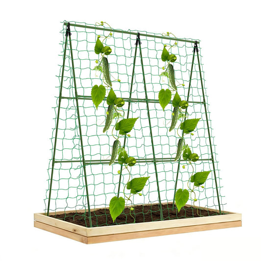 popsea Compact A-Frame Plant Trellis for Peas, Beans & Small Climbing Plants - 47'' H x 31.5'' W PE-Coated Galvanized Steel Garden Support with Netting, Ideal for Raised Beds & Container Gardens