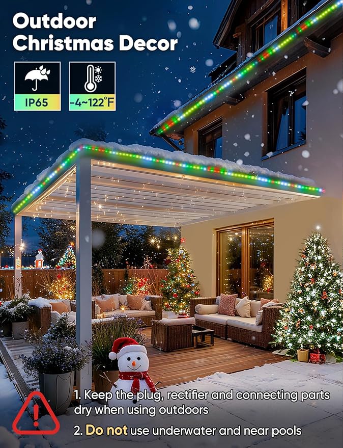65FT Outdoor LED Strip Lights RGB+IC with Warm&Cool White, ETL Listed Music Sync Light Strip AC 120V, IP65 Waterproof and Connectable, for Party Festival Eave Porch Patio Every Day Decor