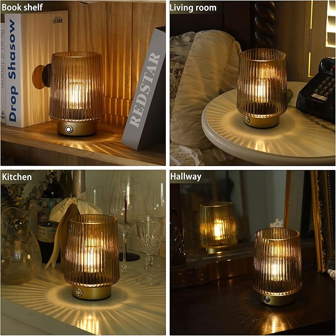 Cordless Lamp Rechargeable Battery Operated lamp, Glass Small Table lamp - Portable Dimmable Brightness Touch Wireless Bedside Lamp for Bedroom/Kitchen/Entryway/Home Living Room Decor, Yellow