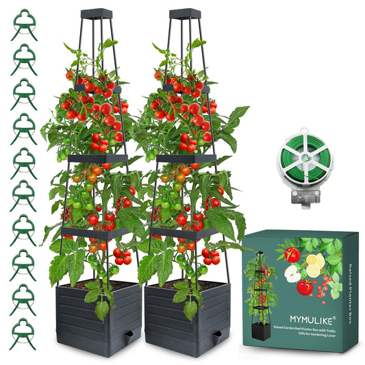 MYMULIKE 2 Pack Raised Garden Bed Planter Box with Trellis, 58” Tomato Cage Planter Raised Garden Bed with Trellis for Climbing Vegetables Plants Tomato Cage w/Self-Watering, Indoor Outdoor Use