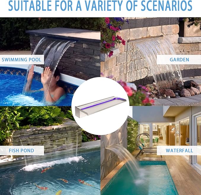 24 Inch APP 304 Stainless Steel Pond Fountains with 16 Color LED Lights, Outdoor Water Patio Waterfall Spillway Kit for Garden Patio, Swimming Pool, Koi Ponds Decoration