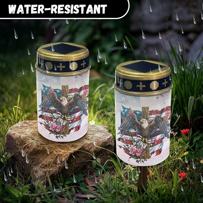 American Cross Eagle Solar Lights for Cemetery Flameless Led Electronic Candles 4th of July Solar Lights for Cemetery Grave Solar Pathway Lights Outdoor