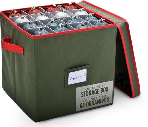 Handy Laundry Christmas Ornament Storage Box - Holds Up to 64 Ornaments | Adjustable Dividers & Two Handles - Keeps Holiday Decorations Clean and Dry (Green)