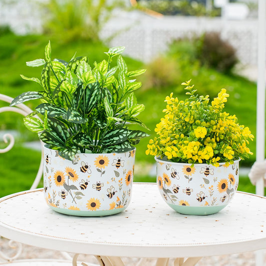 Joint Honglin Butterfly & Bee Metal Planters Set of 2 – Decorative Flower Pots with Colorful Garden Prints, Outdoor & Indoor Use Cute Spring Floral Design for Patio, Balcony, Home Decor (Bee)