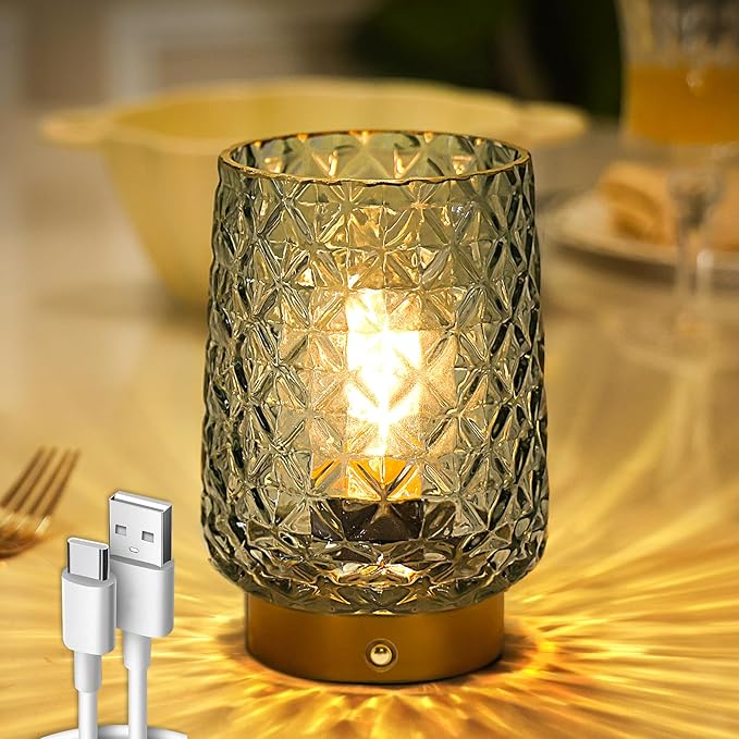 MJ PREMIER Cordless Rechargeable Table Lamp, Dimmable Portable Night Light with Diamond Facet Design 1800mAh Battery Operated Lamp for Bedside Patio Outdoor Home Decor, Emergency Gift for Women Green