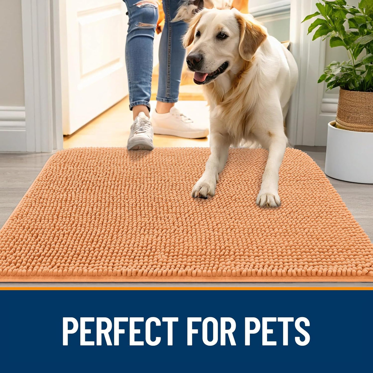 OLANLY Dog Door Mat - Absorbent Non-Slip Washable Doormat for Muddy Paws | 35x24 Inches, Quick Dry Chenille, Orange