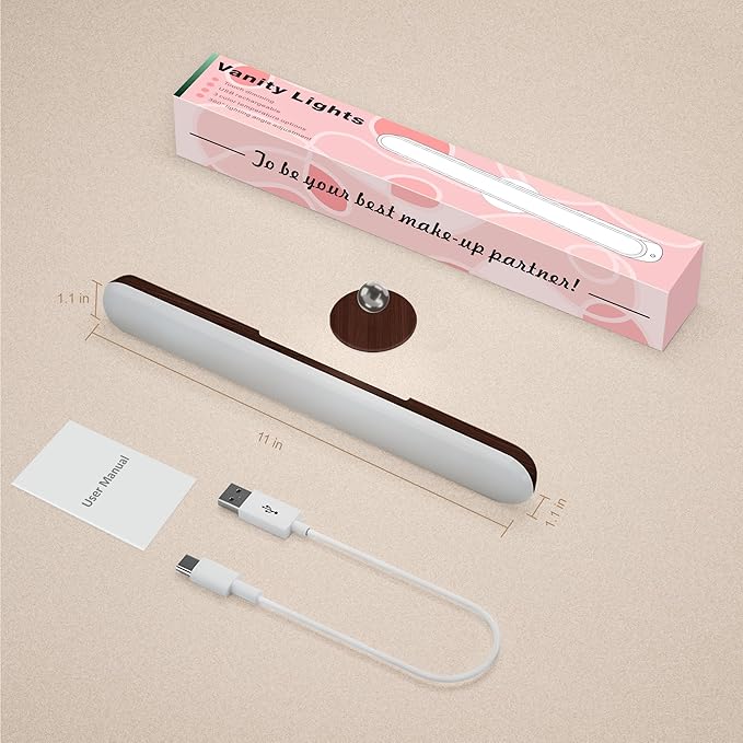 Vanity Light for Mirror with 4000mAh Rechargeable Battery, Touch Control Dimmable Makeup Light with 3 Color Modes, Magnetic 360° Adjustable LED Bathroom Mirror Light, Dark Wood