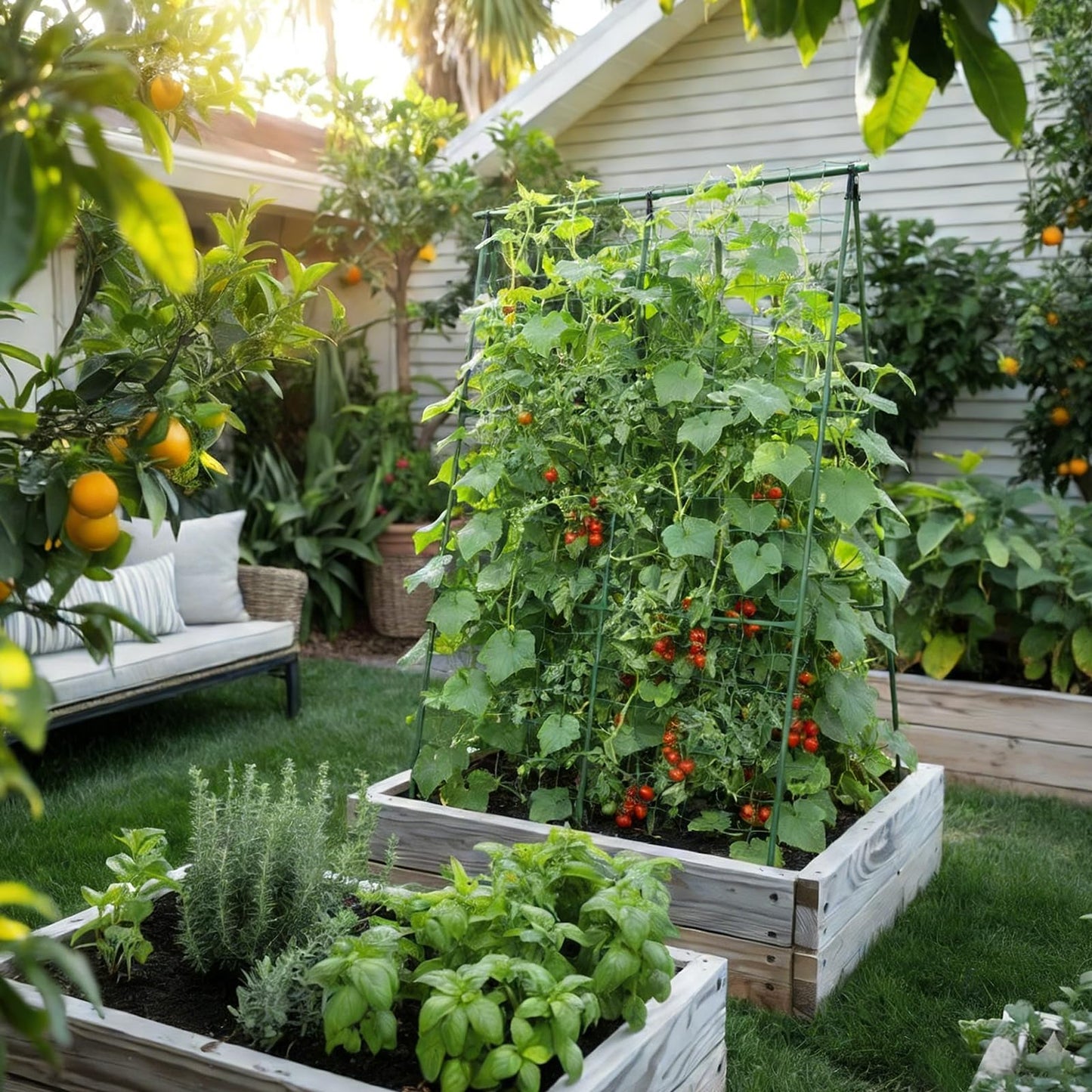 popsea Compact A-Frame Plant Trellis for Peas, Beans & Small Climbing Plants - 47'' H x 31.5'' W PE-Coated Galvanized Steel Garden Support with Netting, Ideal for Raised Beds & Container Gardens