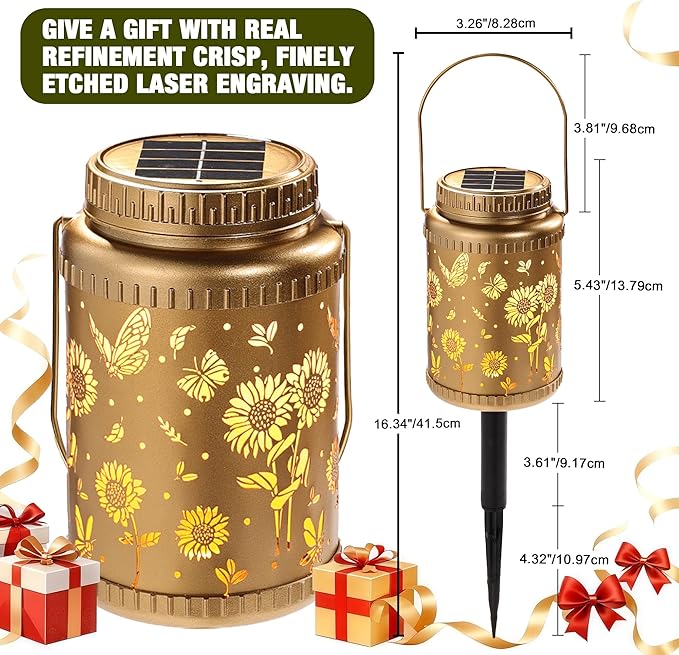 Cooo 4 Pack Solar Lanterns Outdoor Waterproof Sunflower Butterfly Solar Pathway Lights Landscape Path Christmas Gifts for Women Mom Grandma for Outdoor Table Lamps Garden Yard Backyard Decor -Gold