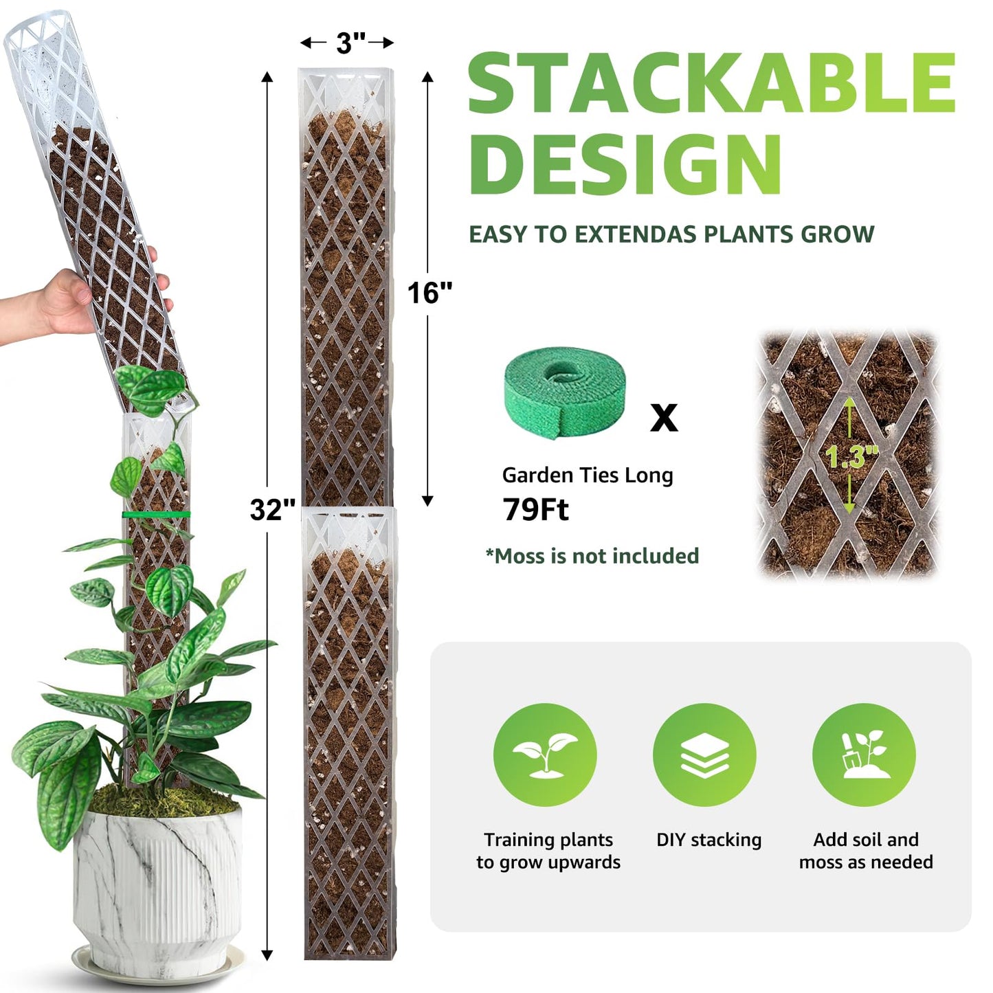 Sisher Monstera Moss Pole 4pcs Plastic Moss Pole for Climbing Plants Work with Sphagnum Moss 16 Inch D Shaped Poles Indoor Plant Support, White