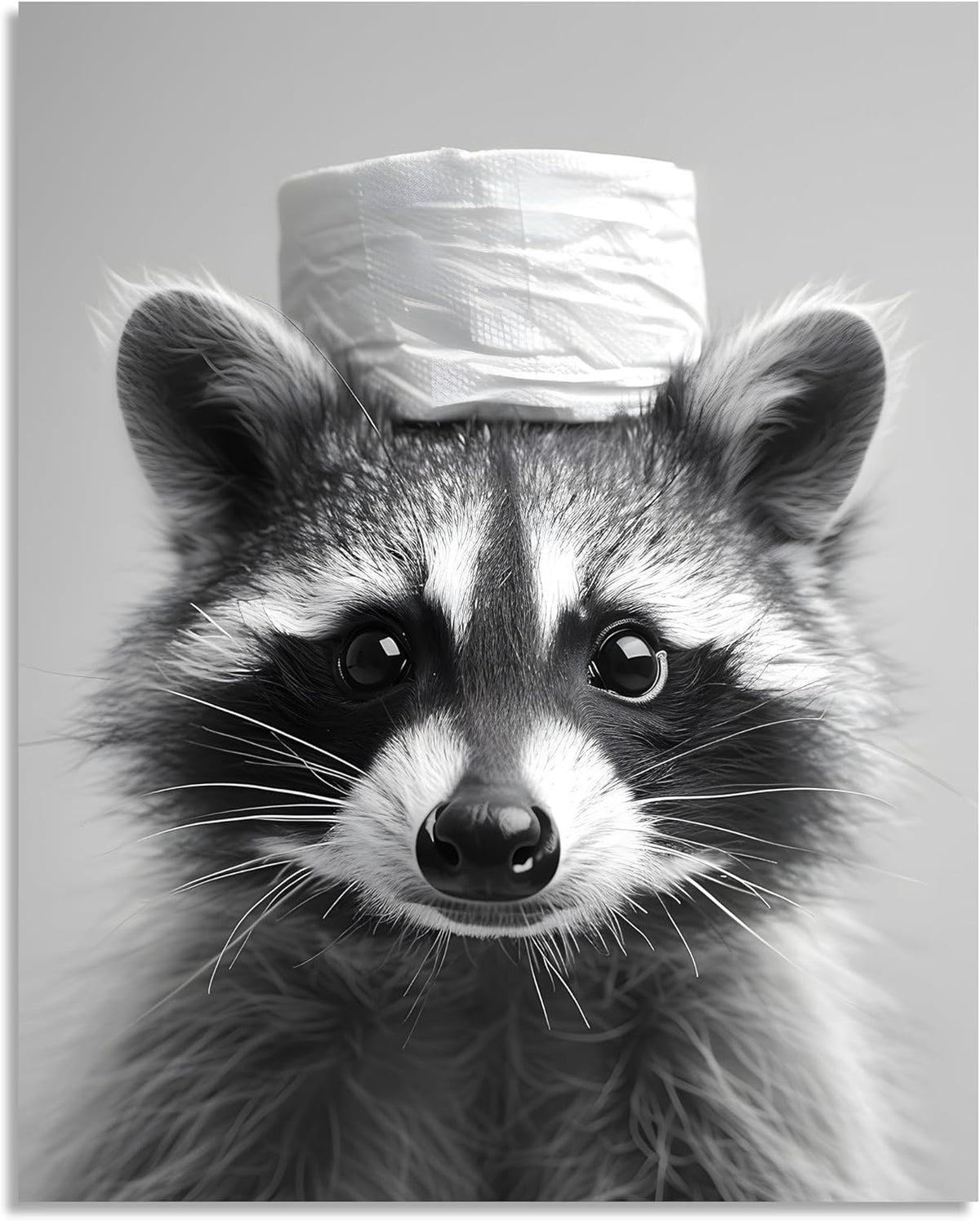 Raccoon Bathroom Wall Art - Funny Animal Canvas Print | Black & White Toilet Paper Decor | 8x10 Inch Framed