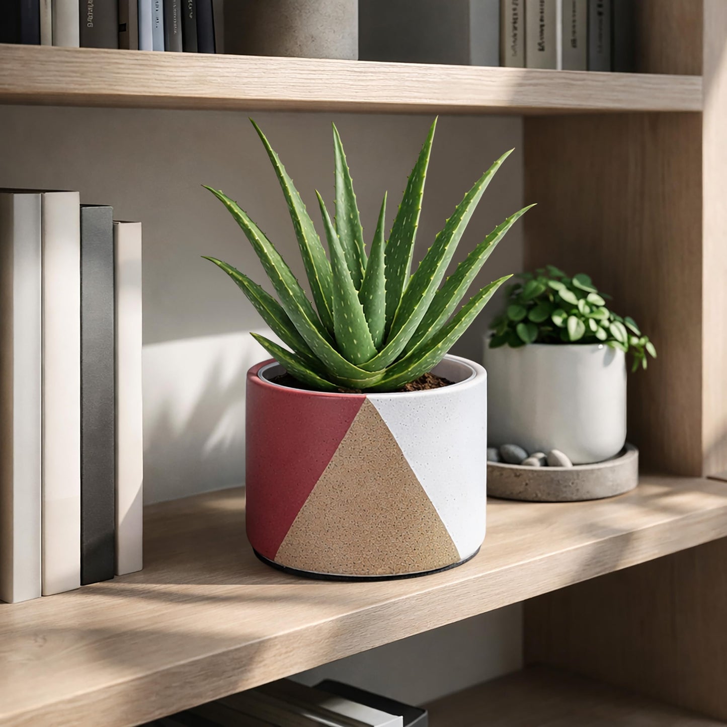 D'vine Dev 6.5" Stoneware Cachepot Planter with 6" Low Clear Nursery Pot & Detachable Saucer – Modern Indoor Plant Pot with Drainage for Bottom Watering & Root Visibility, Crimson Dune, 93-O-D-4
