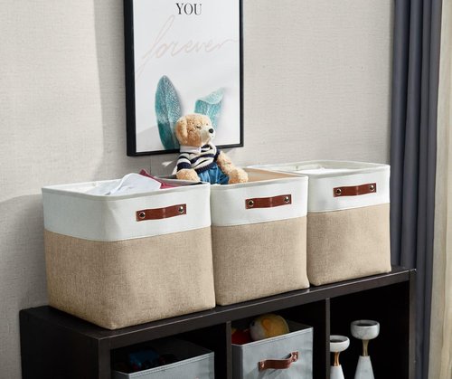 DECOMOMO Storage Cubes - 11x11 Cube Storage Bins for Shelves | Beige & White, 4 Pack