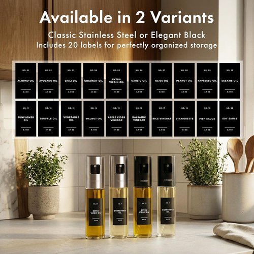 EDELHAUS Oil Sprayer Set - Stainless Steel & Glass Bottles for Healthy Cooking | 2 Pack with Silver Lids