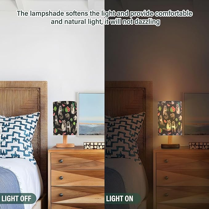 Table Lamp Cute Raccoons Watermelon Pattern Nightstand Lamp with Wood Base Fabric Lamp Shade Bedside Desk Lamp for Living Room Bedroom Kids Room Office