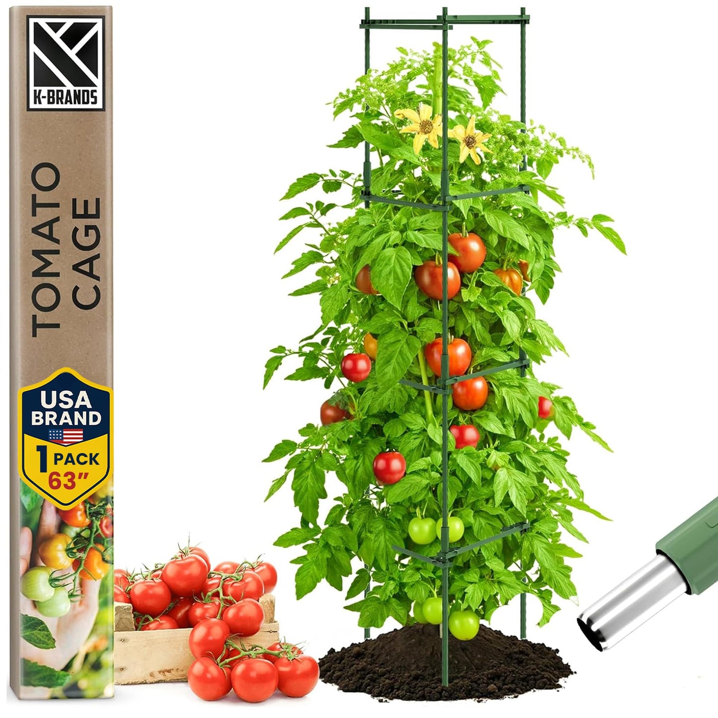 Tomato Cage Premium - Large Trellis Stakes and Plant Support Structures for Vegetables and Climbing Plants - Tall Tomato Cages for Garden, Pots, Raised Garden Bed Outdoor (1 Pack - Up to 63")