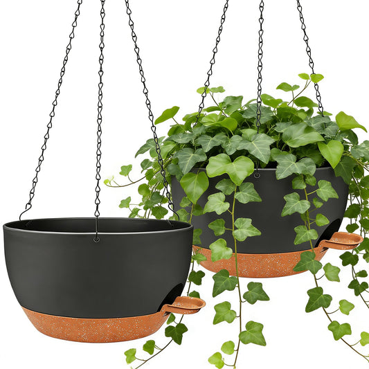 zople 2 Pack 12 Inch Self Watering Hanging Planters for Indoor Plants, Large Black Brown Plastic Hanging Pots with Chains for Outdoor Patio Garden Home Decor Black Brown
