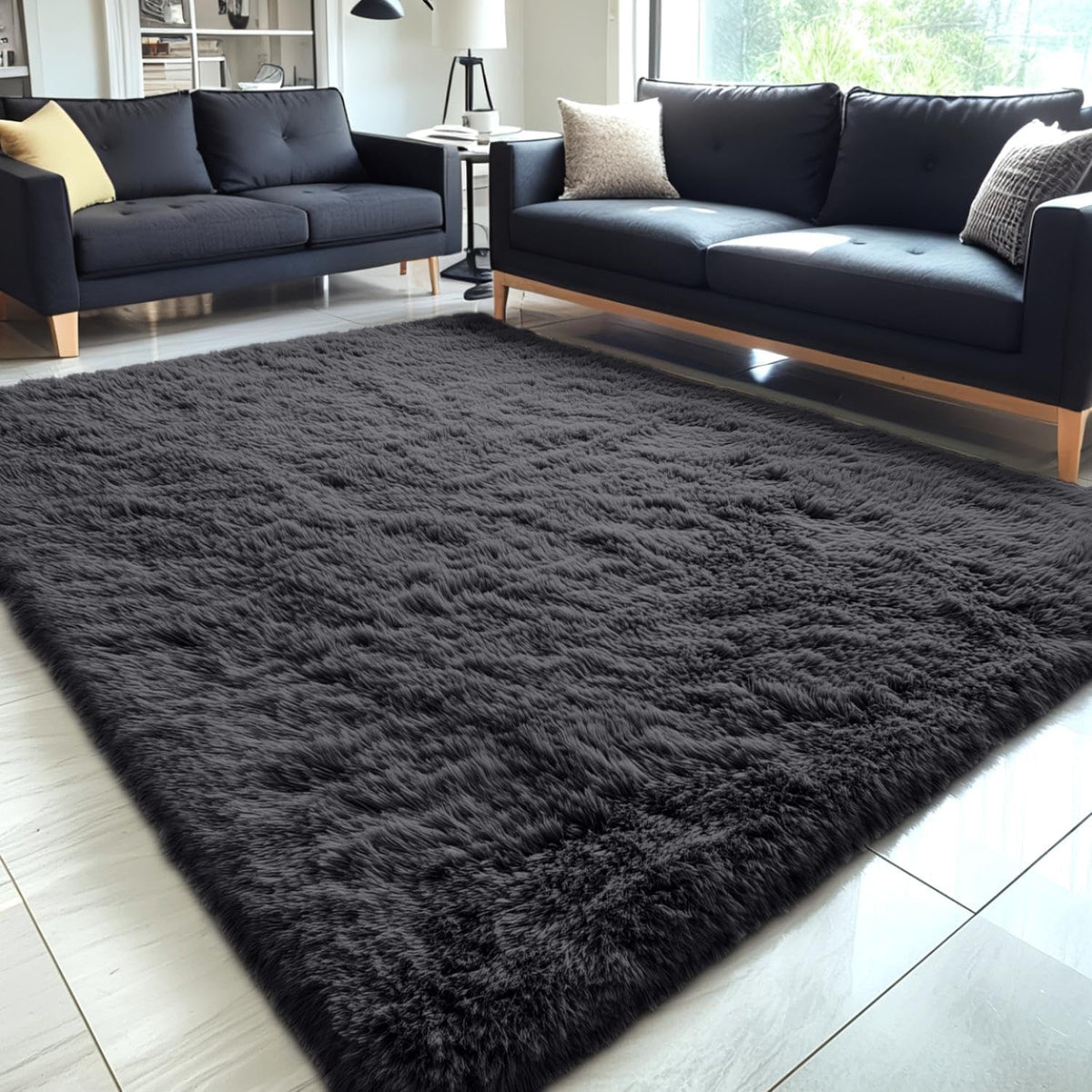 OLANLY Large Area Rug - Soft Fluffy Shaggy Carpet for Living Room & Bedroom | 5x9 ft, Black