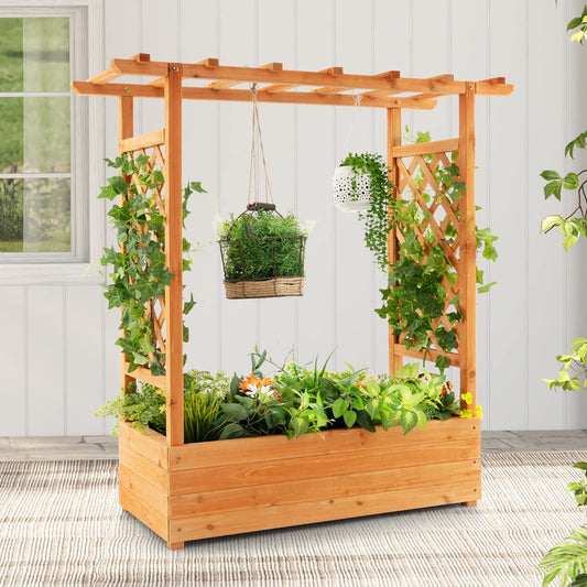 LDAILY Raised Garden Bed with Trellis, Above Ground Garden Bed with Hanging Roof, Side Trellis, & 4 Drainage Holes, Planter Box for Outdoor Climbing Plants Vines Flowers (1, 43.5"L x 17.5"W x 44.5"H)