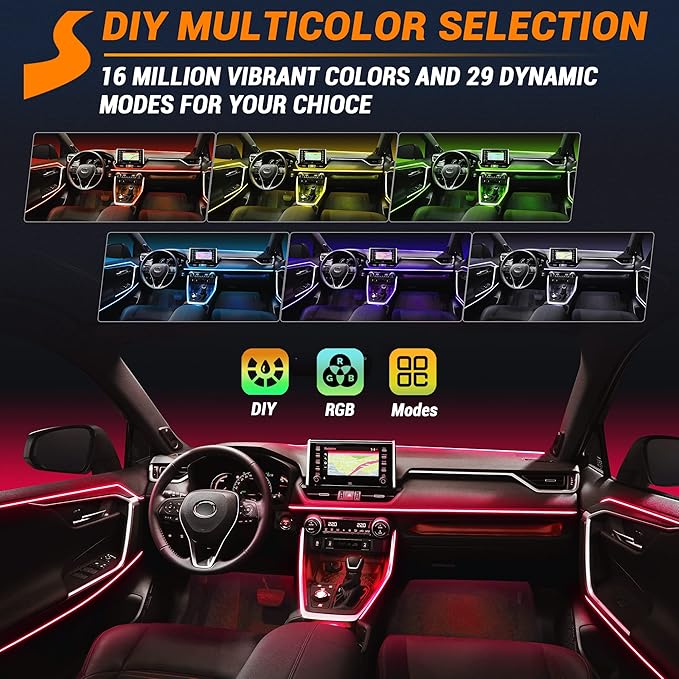 Interior Car LED Strip Lights 315 inches Fiber Optic tubing USB Powered RGB 6 in 1 Car Neon with Wireless APP and Remote Control, Ambient Lighting Kits 16 Million Colors,Sync to Music