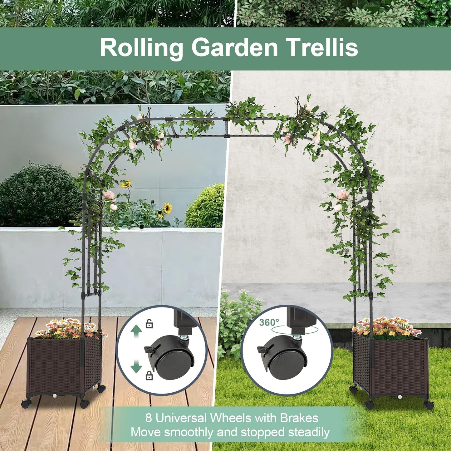 Giantex 6.6 FT Garden Arbor with Planter Boxes, Arch Trellis for Climbing Plants, Self-Watering System, Drainage Design, Lockable Wheels, Outdoor Metal Archway for Backyard, Patio, Wedding Decor