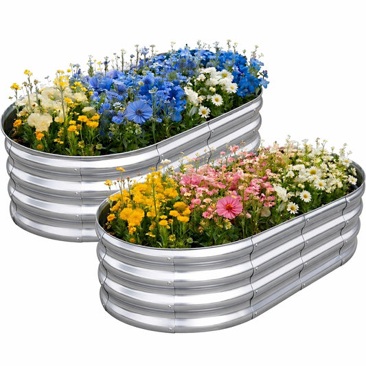 TATAANTY Galvanized Raised Garden Bed for Outdoor: 4X2X1ft Durable Metal Vegetable Plant Container Kit - Oval Planter Box for Gardening Flower Trough （2 Pack）