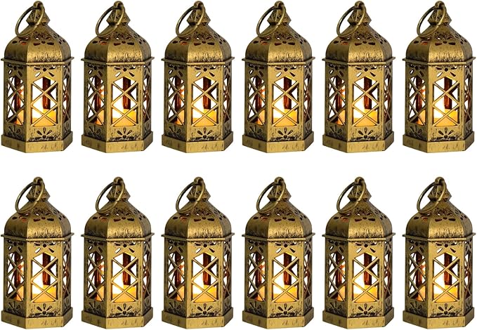 12-Pack Mini Gold Lanterns with Flickering LED Candles for Ramadan, Small Decorative Hanging Lanterns for Halloween, Christmas, Wedding, Lantern for Table Centerpiece, Garden Party Decor