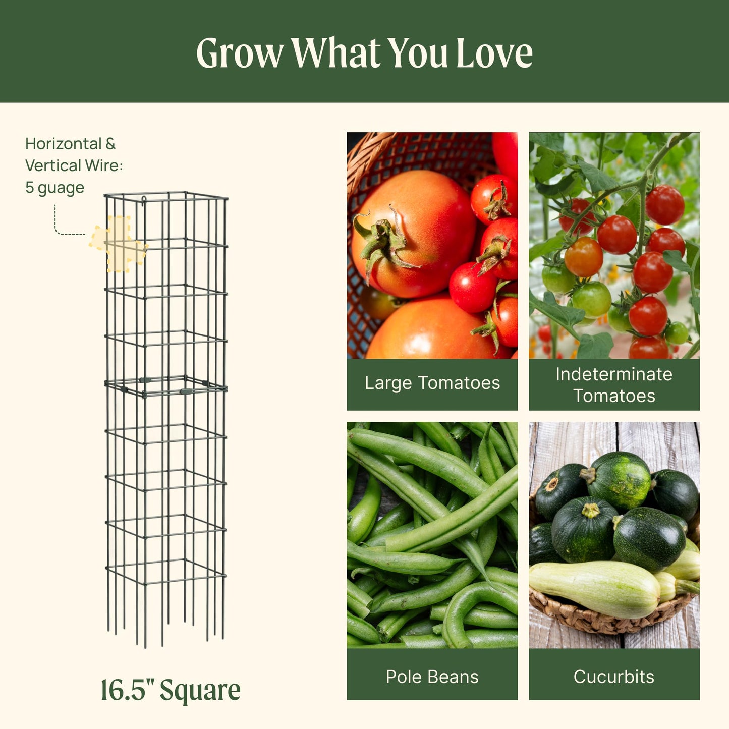 Vego Garden Tomato Cage 16.5" Square Heavy-Duty for Garden & Pots, Rust-Resistant Tomato Stackable Heavy Gauge Plant Cage Trellis Support for Climbing Vegetables Plants