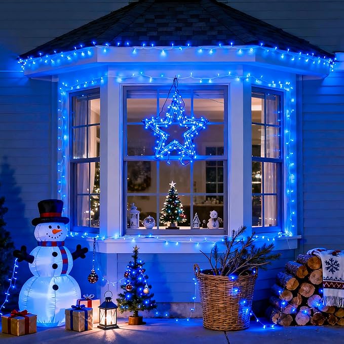 JMEXSUSS 163 FT 500 LED Blue Christmas Lights Outdoor, Waterproof Blue String Light Plug in, 8 Modes Clear Wire Christmas String Lights for Tree Yard Patio House Party Decorations