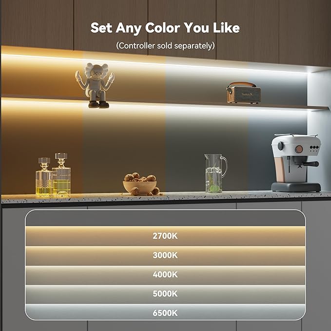 PAUTIX COB LED Strip Light CCT Tunable White IP65 Waterproof,CRI90+ 16.4ft/5m 2700K-6500K Dimmable 24V LED Tape Light,for Under Cabinet Bedroom Kitchen DIY Lighting(Adapter&Controller NOT Included)