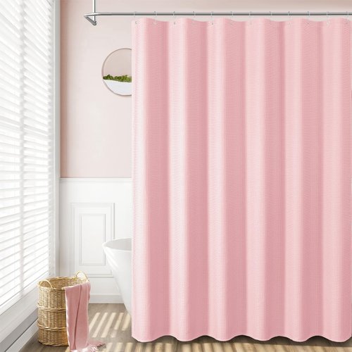 Dynamene Stall Fabric Shower Curtain - 54 inch Wide Waffle Weave Weighted Thick Cloth Shower Curtains for Bathroom, Heavy Duty Hotel Spa Luxury Bath Curtain Set with 10 Hooks, 54x72, Pink