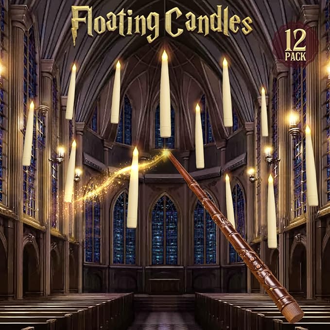 Halloween Decorations - Floating Candles with Wand - 12 Pcs Magic Flickering Warm Light Flameless Floating LED Candle Christmas Decor - Stocking Stuffers for Indoor Classroom Bedroom Party