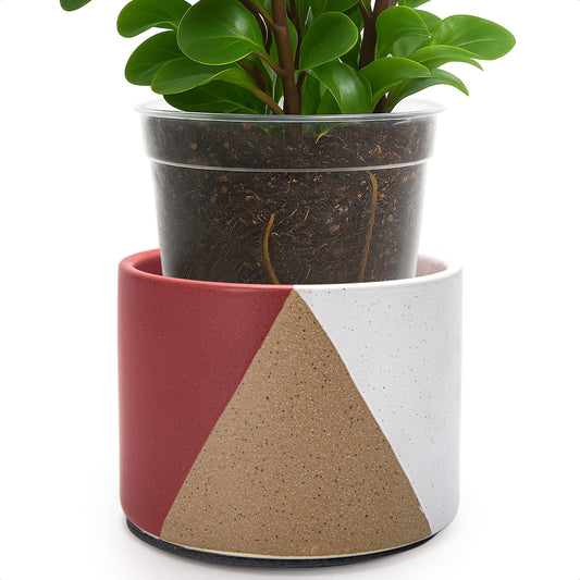 D'vine Dev 6.5" Stoneware Cachepot Planter with 6" Low Clear Nursery Pot & Detachable Saucer – Modern Indoor Plant Pot with Drainage for Bottom Watering & Root Visibility, Crimson Dune, 93-O-D-4