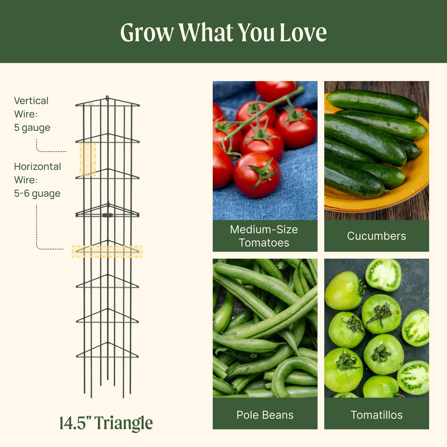 Vego 3-Panel Tomato Cage for Garden & Pots, Rust-Resistant Tomato Stakes Plant Cage Trellis Support for Climbing Vegetables Plants - 14.5" Triangle 3 Pack