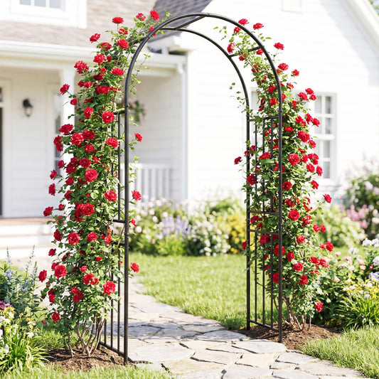 Giantex Garden Arch Outdoor Metal Arbor Trellis, 86'' Heavy Duty Steel Pergola Arch with Ground Stakes for Climbing Plants, Wedding, Party & Backyard Decoration (1 Pack)