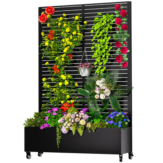 MTART Metal Planter Box with Trellis, 72.1"x47.2"x16" Outdoor Galvanized Raised Garden Bed with Privacy Screen & Drainage Holes & Lockable Casters for Climbing Plants, Vegetable (Louvered-Black1)