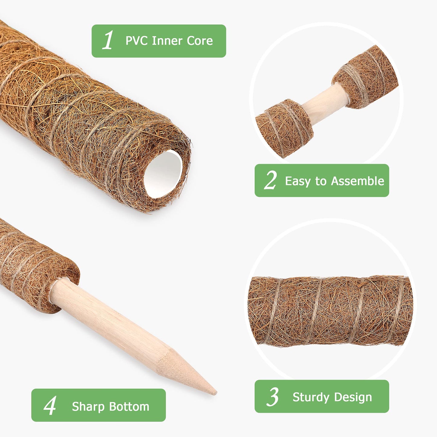Moss Pole, Augshy Total Length 43 Inch Moss Poles - 2Pcs 24 Inch Plants Support Stakes Pole for Indoor Plants Coir Totem Pole for Creeper Monstera Plant Climbing