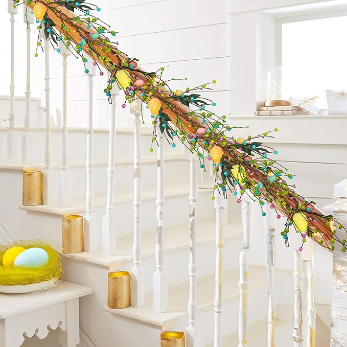 NEROSUN 6 FT Easter Egg Garland, 20 LED Battery Operated Lighted Garland with 8 Modes, Artificial Easter Garland for Indoor Outdoor Home Fireplace Party Door Decoration