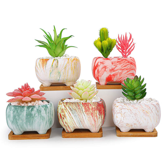 ARTKETTY Succulent Planters, 4.7" Small Succulent Pots with Drainage Rectangular Cactus Planter with Bamboo Trays Ceramic Pots for Indoor Flower Plants Set of 5