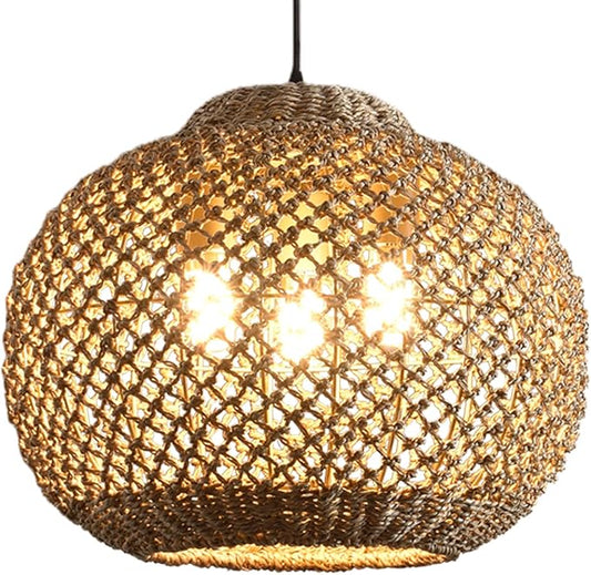 1-Pack 16.94” Rattan Pendant Light Fixture,3-Light Bohemian Handmade Woven Bamboo Rattan Ceiling Suspension Farmhouse Pendant for Kitchen Island Bedroom Living Room