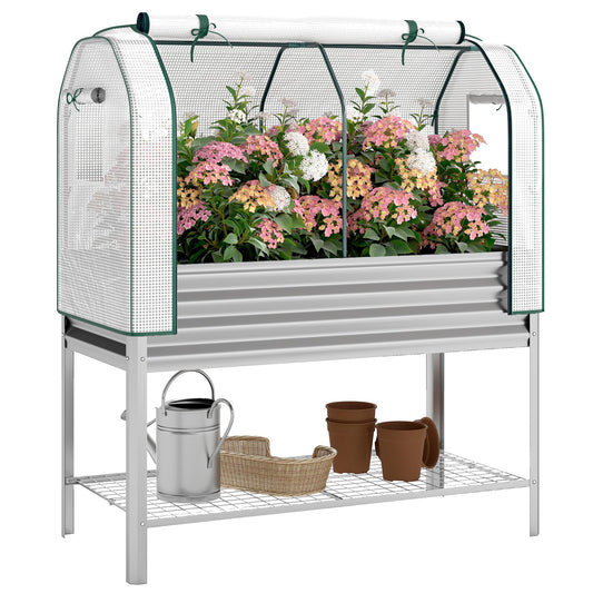 Outsunny Galvanised Raised Garden Bed with Greenhouse Cover, Metal Elevated Garden Bed with Legs, Bed Liner and Bottom Shelf, Outdoor Raised Planter Box for Vegetables, Herbs, Flowers, Silver