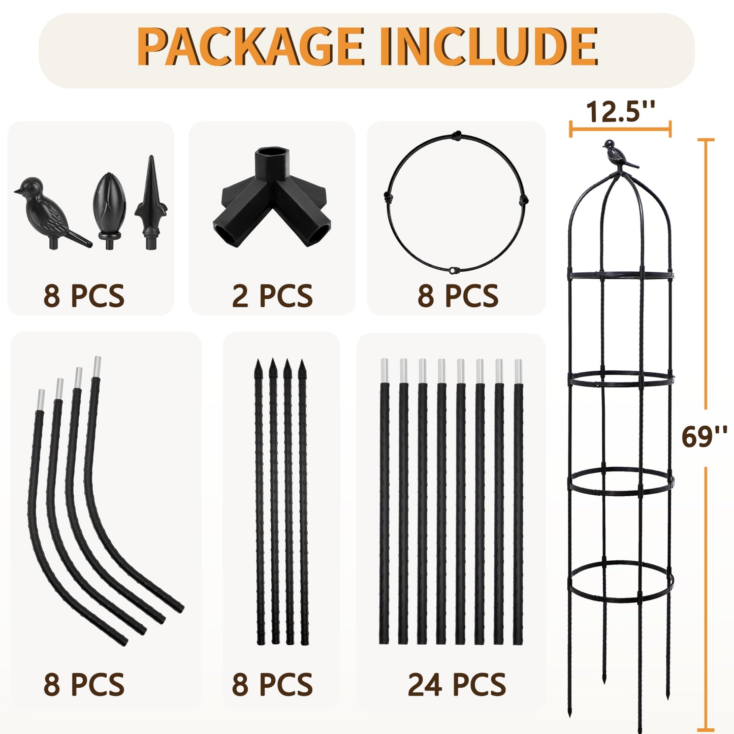 SORANGEUN 2 Pack Garden Obelisk Trellis for Climbing Plants Outdoor, 6FT Adjustable Metal Plant Support with 3 Decorative Tops, Black Rustproof Trellis for Roses, Tomatoes, Clematis & Vines