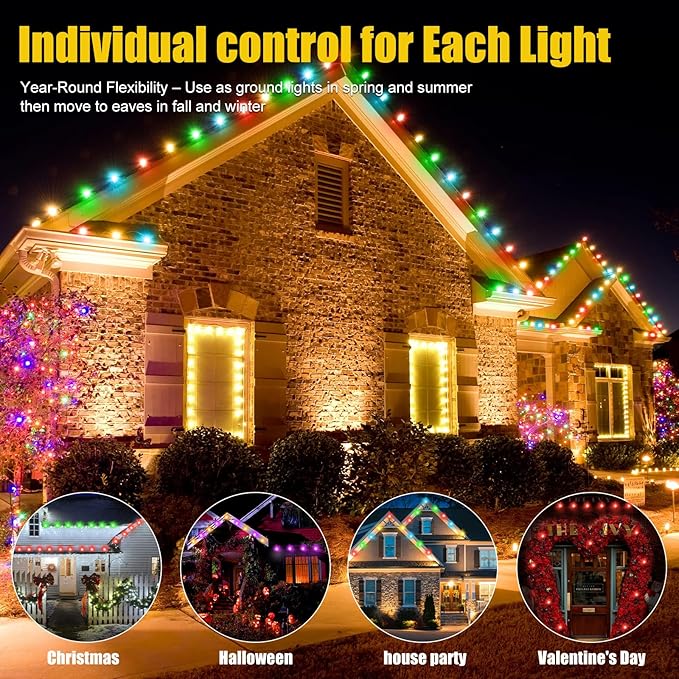 50FT Permanent Outdoor Lights, Waterproof 2-in-1 Eaves & Ground Stakes LED String Lights with App/Remote Control for House, Garden– Smart Color-Changing Lighting for Halloween Christmas Decorations