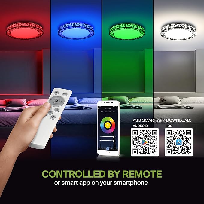 ASD 20 Inch Smart RGBW Flush Mount Ceiling Light with Remote - Matte Black 42W 120V 2700-6500K Dimmable Ceiling Light Fixture, WiFi App Control RGB Lights, Alexa & Google Assistant - ETL