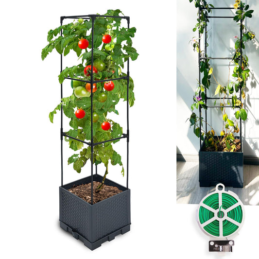 Biotolot Raised Garden Bed Tomato Planter Box with Trellis, 44" Self-Watering Tomato Cage with Square Trellis for Climbing Plants, Flowers, Vegetables, Vine in Patio Garden Indoor Outdoor